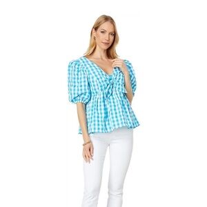 NWT Lilly Pulitzer Sarafina Short Sleeve Turquoise Oasis Crinkle Gingham Top